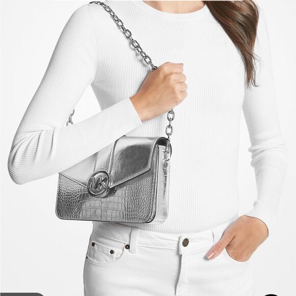 Michael Kors Medium Carmen Silver Embossed Convertible Bag NWT - Picture 2 of 13